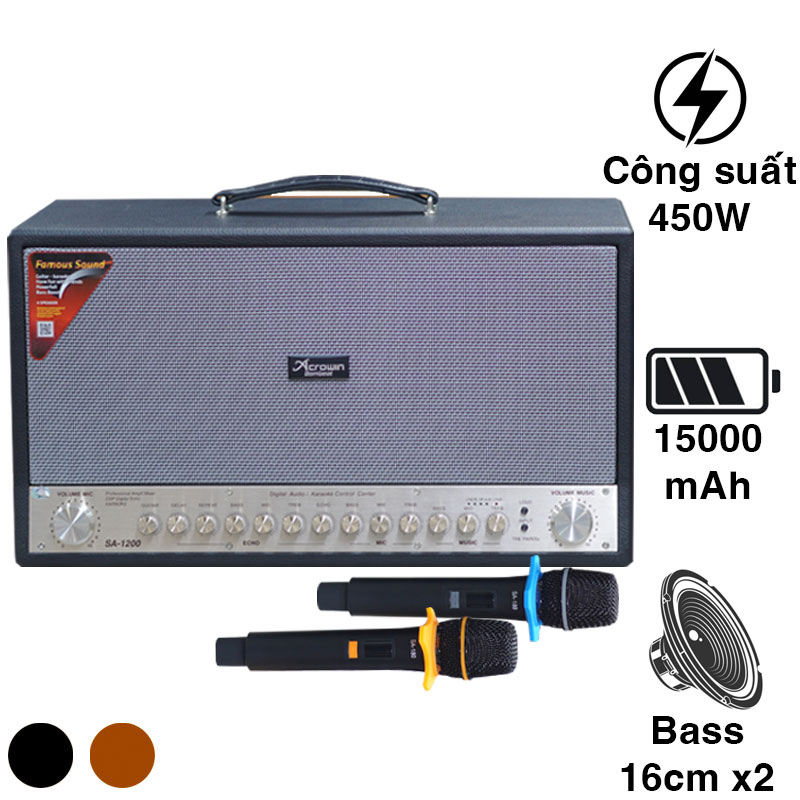 Loa Acrowin SA1200, Công Suất 450W, Bass 16cm x2, 15000mAh, Bluetooth 5.0, Kèm 2 Tay Mic