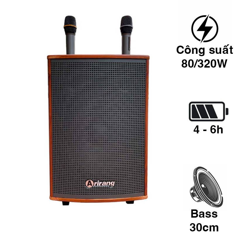 Loa Arirang MKS2, Bass 30cm, Công suất 80W, Bluetooth, AUX, USB, Thẻ Nhớ, Mic, Guitar, Kèm 2 micro